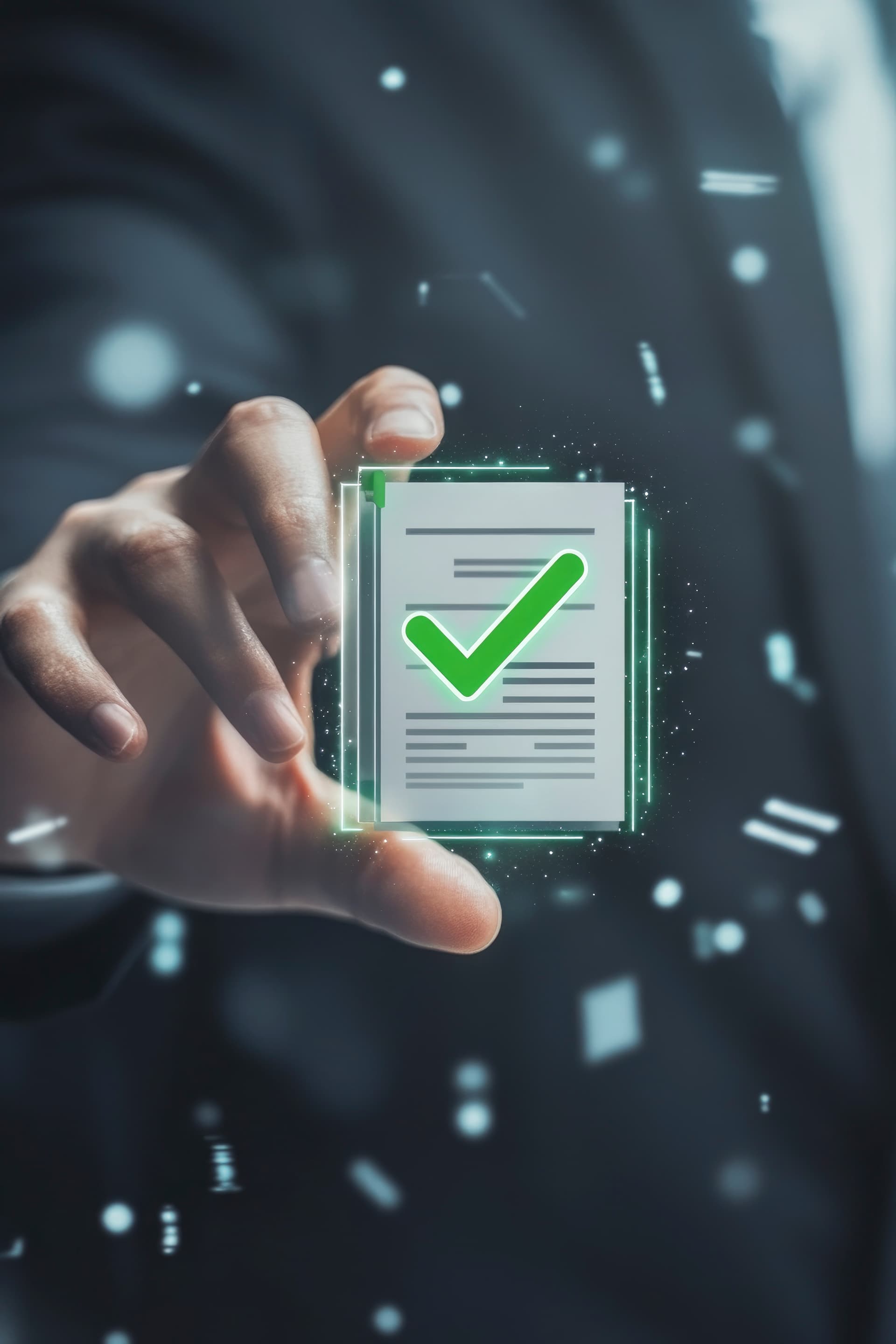 Business professional confirming document approval — Kahkashan client support